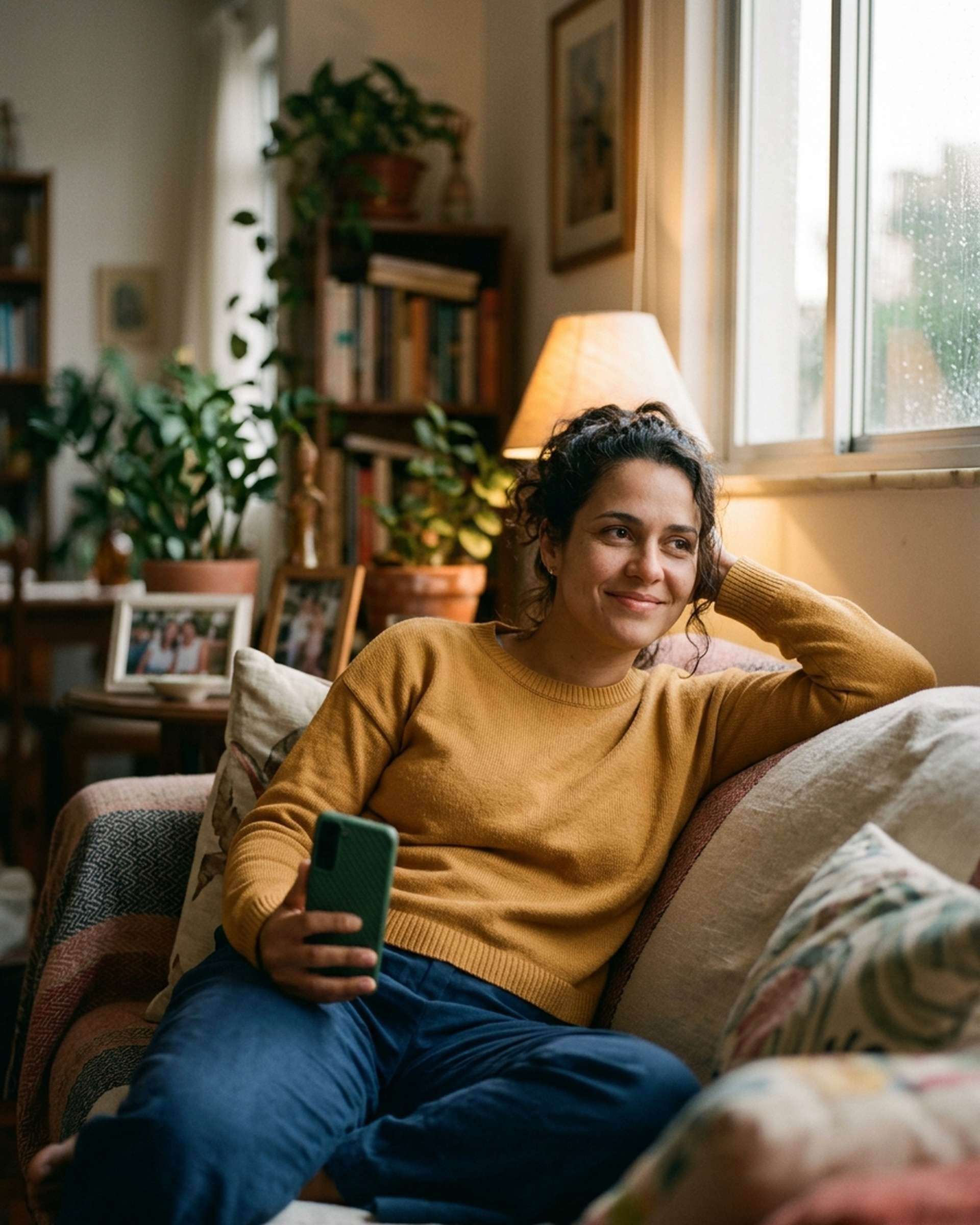 Cliente sorrindo no sofá de casa, com o celular na mão, lendo o lembrete