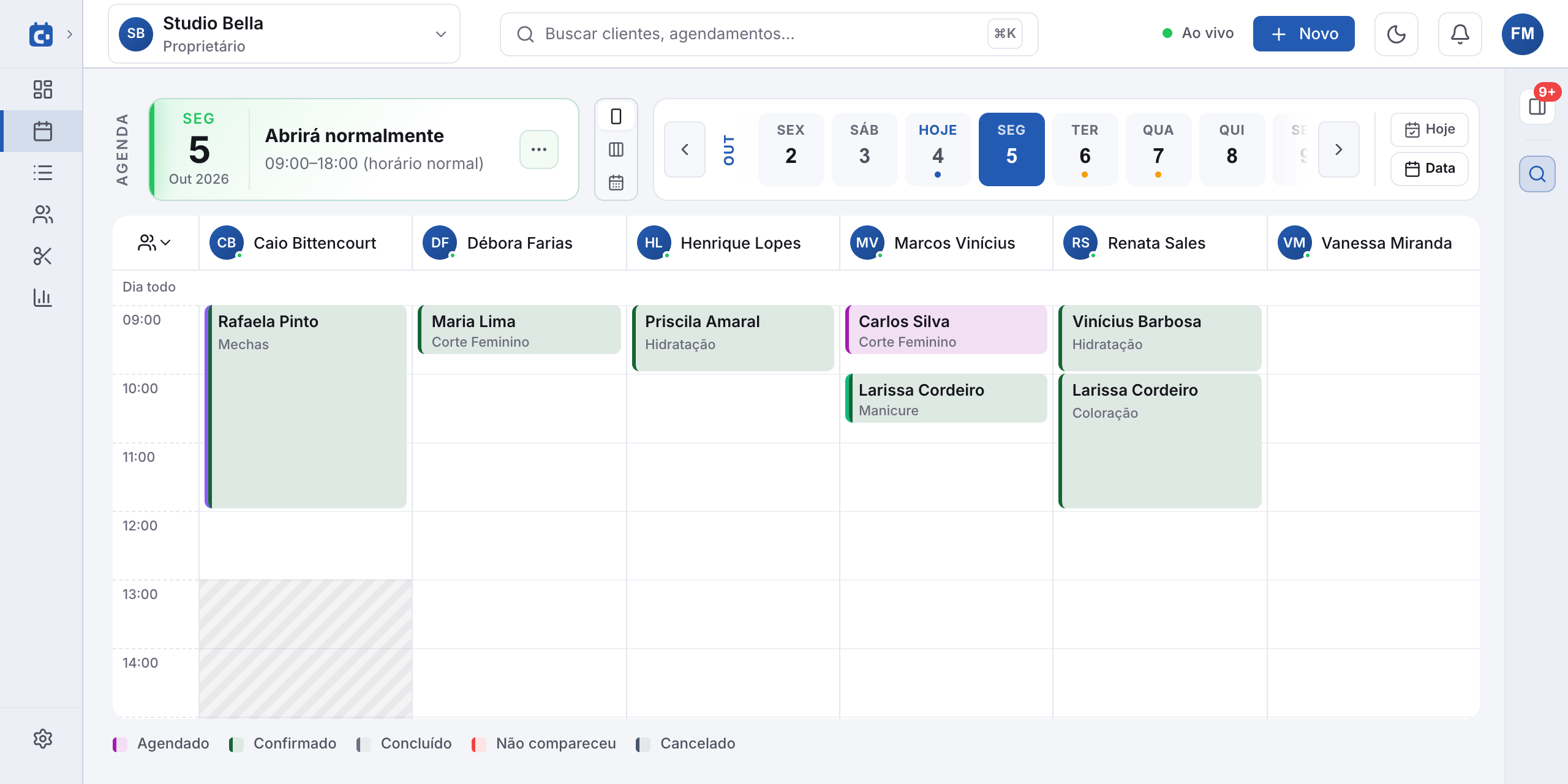 Agenda do dia no Caapto, uma coluna por profissional, com um combo de dois serviços em duas colunas ao mesmo tempo
