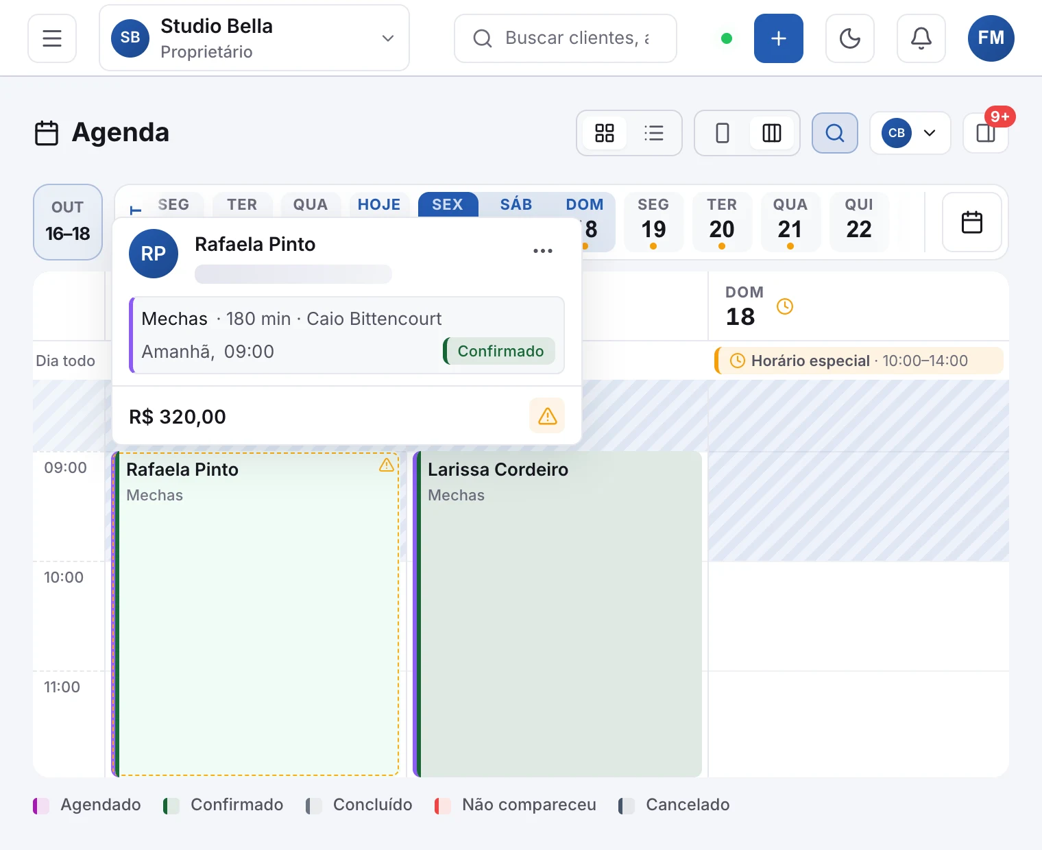 Os detalhes de um agendamento, com o menu de ações