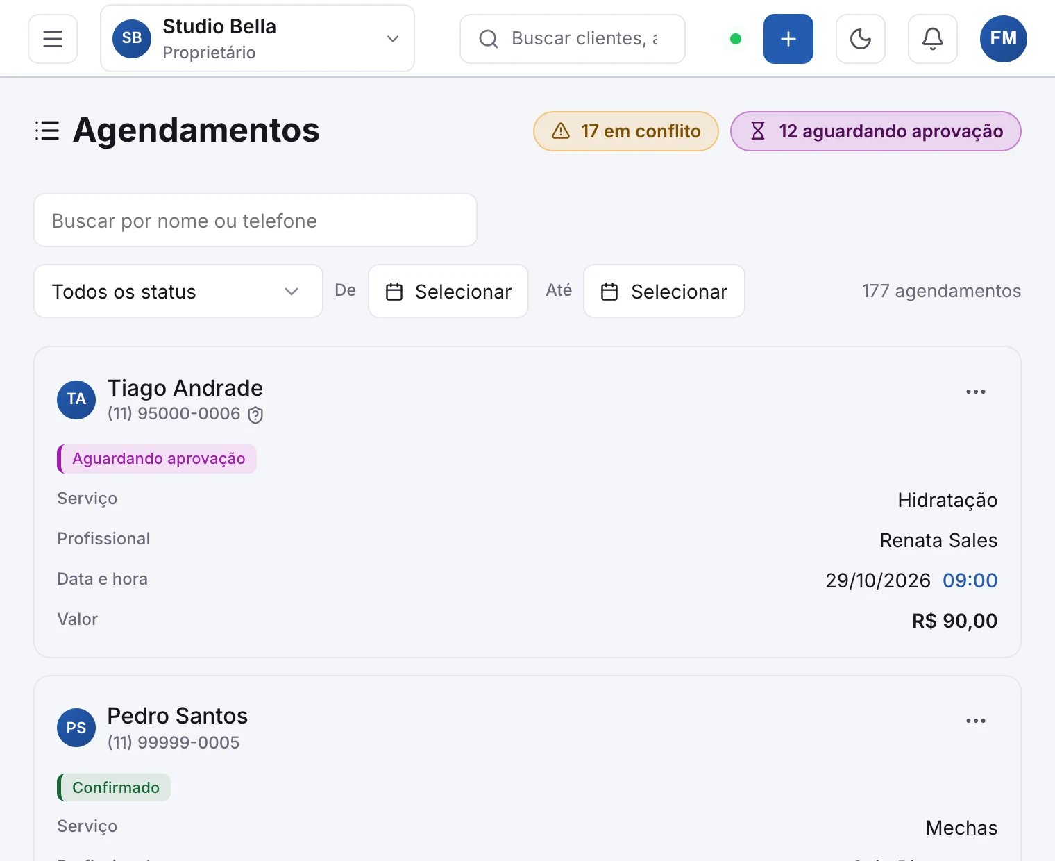 A lista de agendamentos, com o filtro por situação
