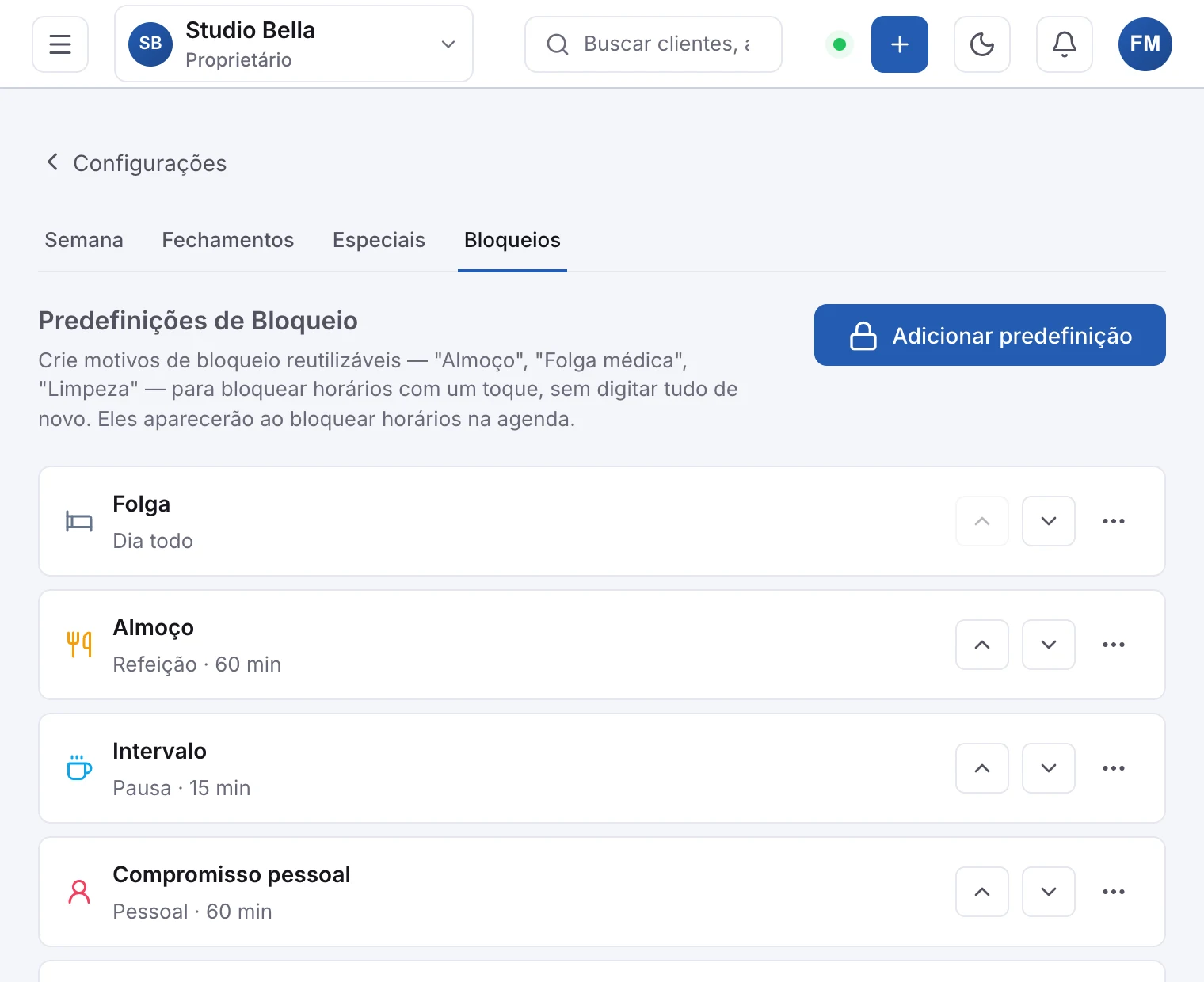 A aba Bloqueios, com as predefinições
