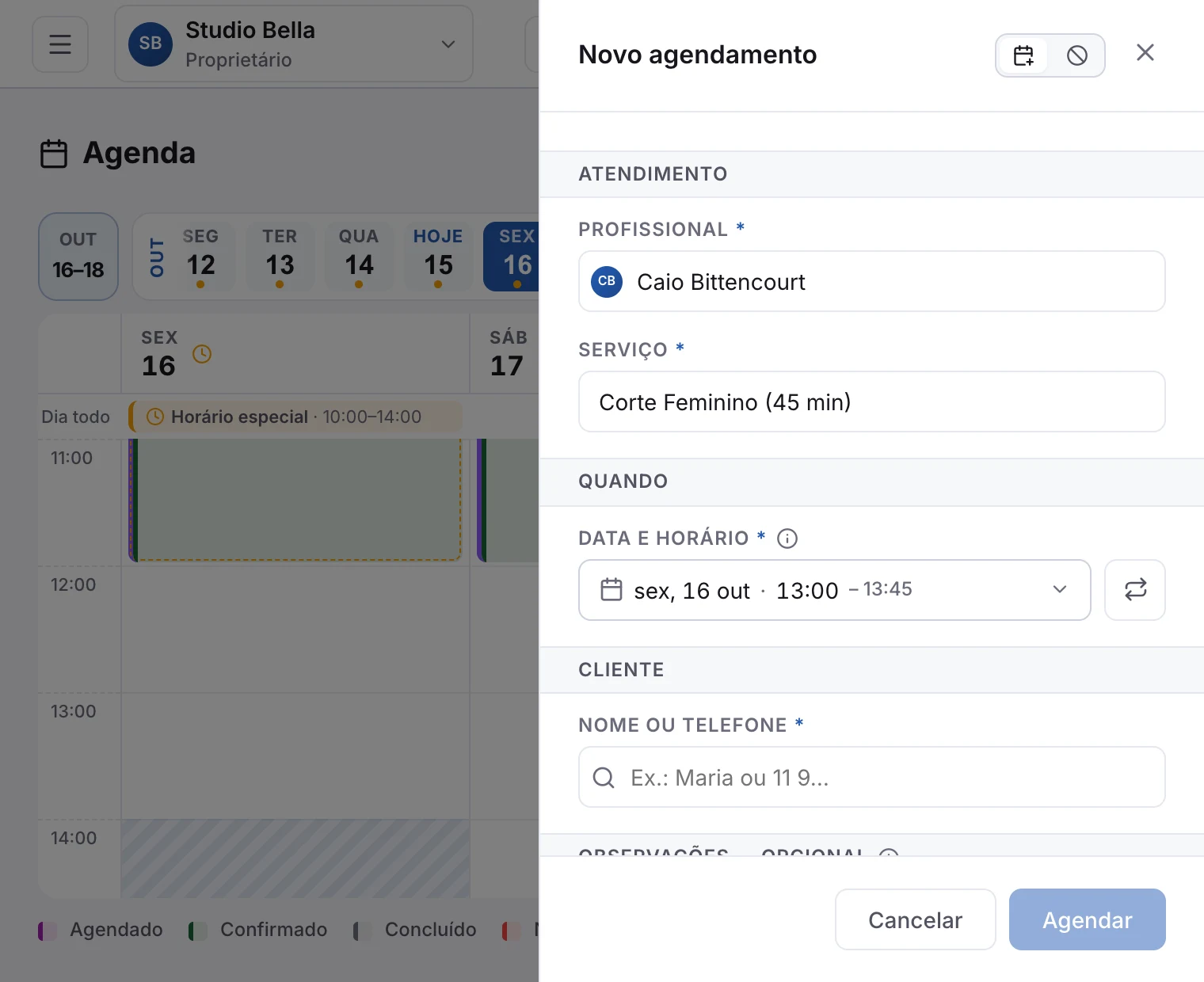 O novo agendamento, onde o horário fixo é criado