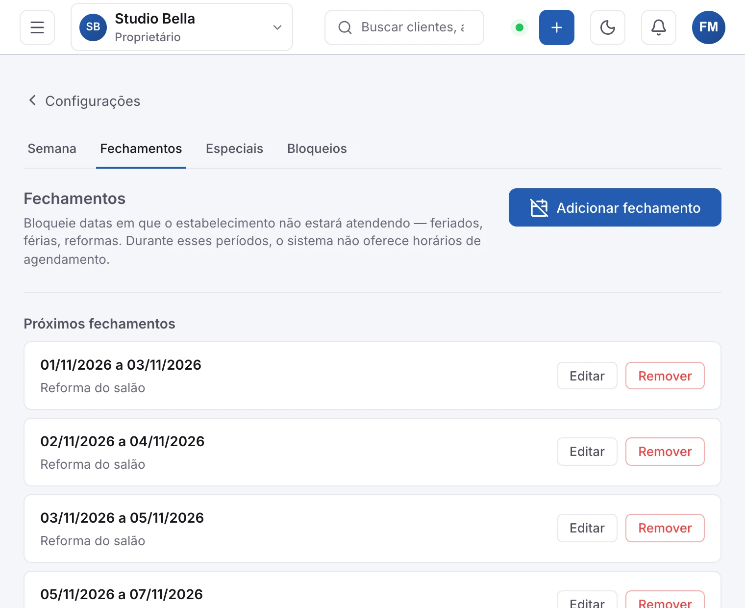 A aba Fechamentos, com os próximos fechamentos listados