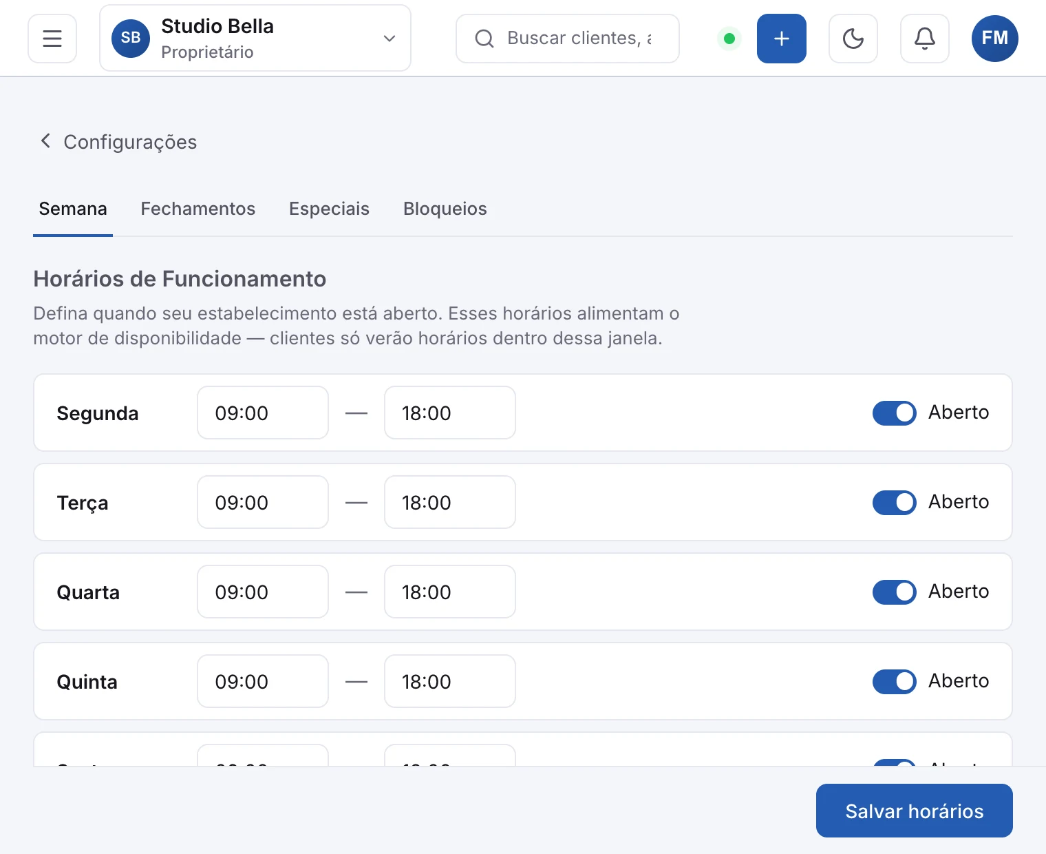 A aba Semana, com a chave e os horários de cada dia