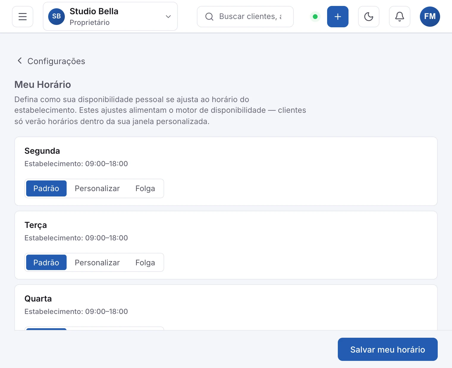O painel Meu Horário, com a escolha de cada dia