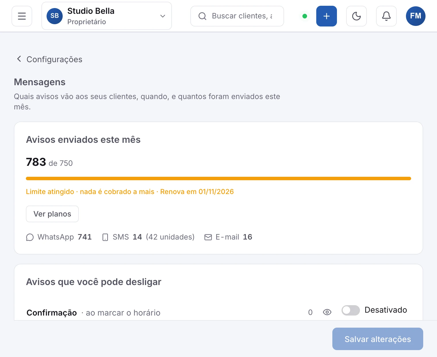 O painel Mensagens, com os avisos e a antecedência do lembrete