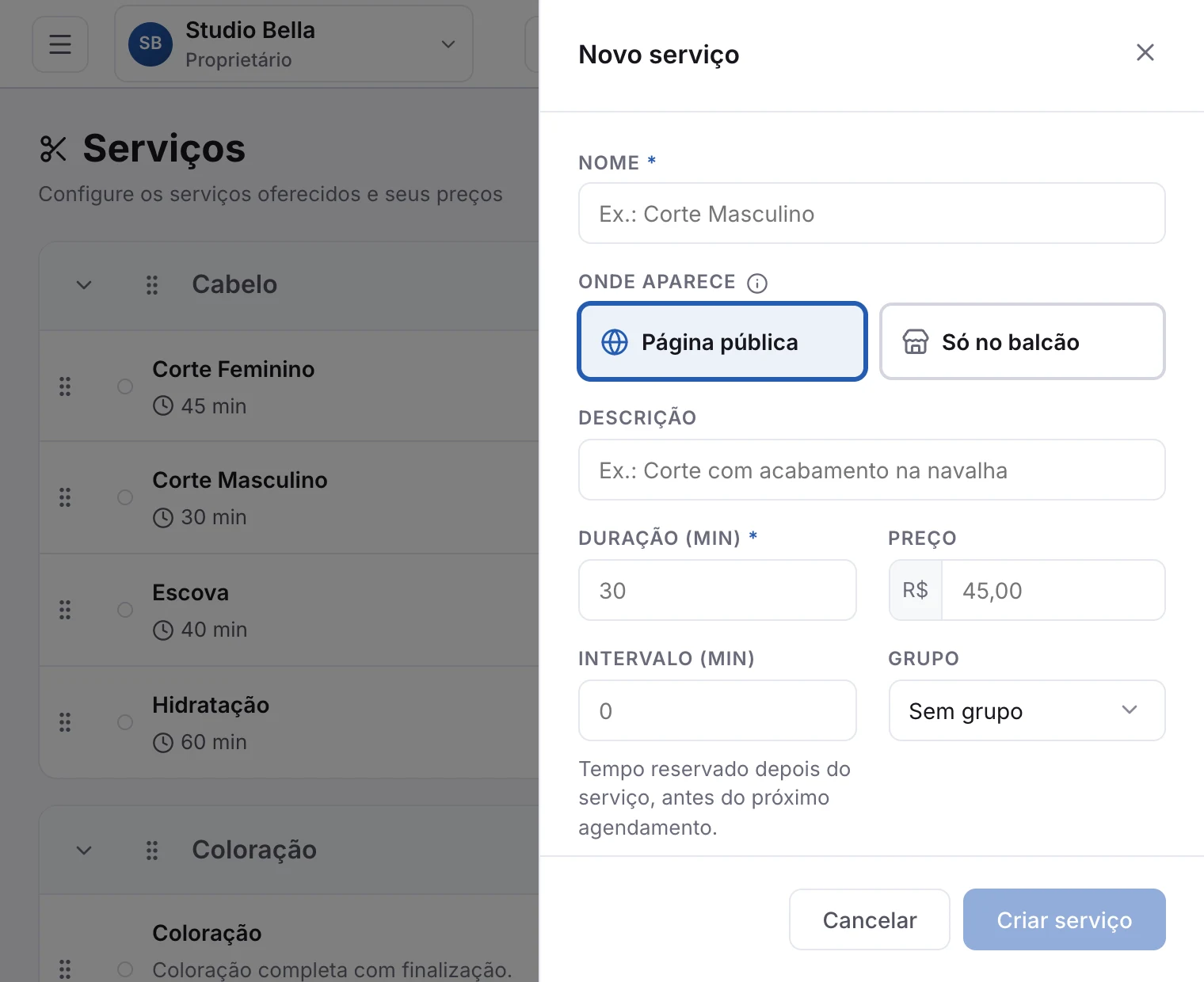 O cadastro de um serviço, com o campo Pode ser feito junto com