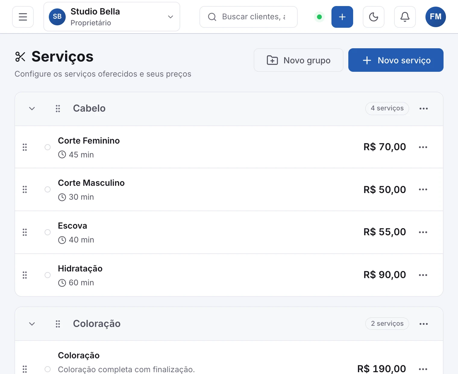 A tela Serviços, com a lista e o botão Novo serviço