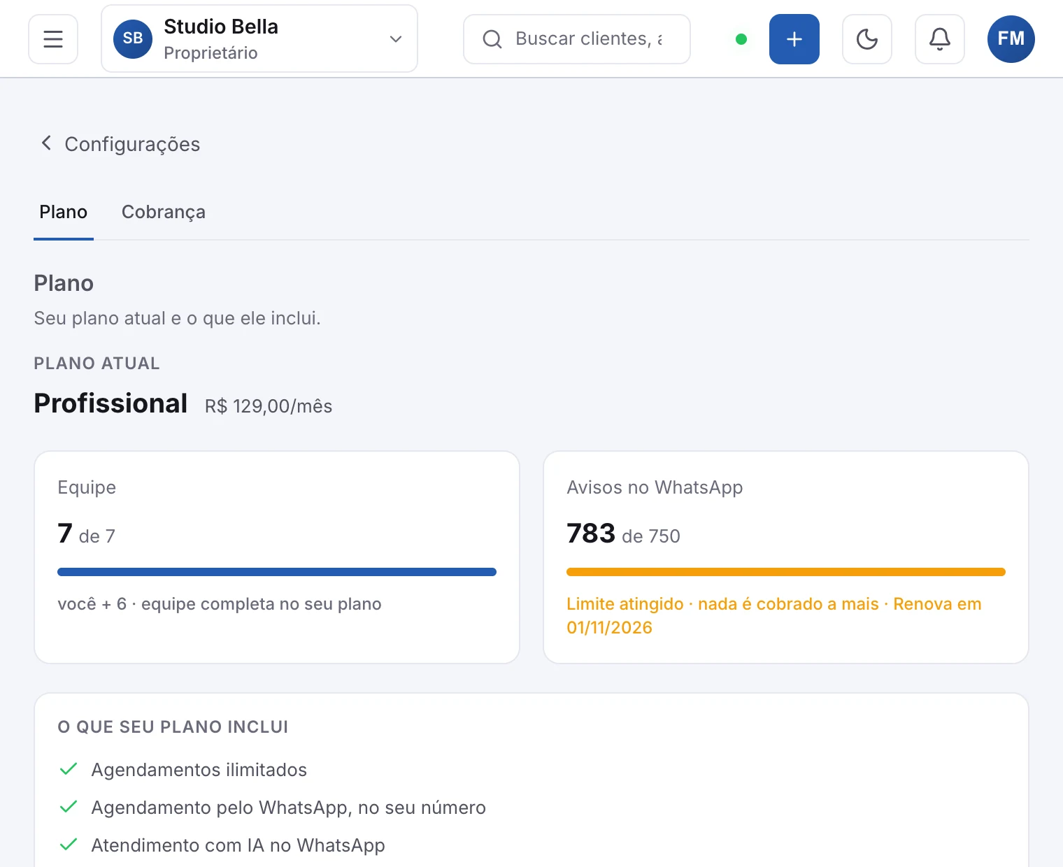 A aba Plano, com o plano atual e os planos acima