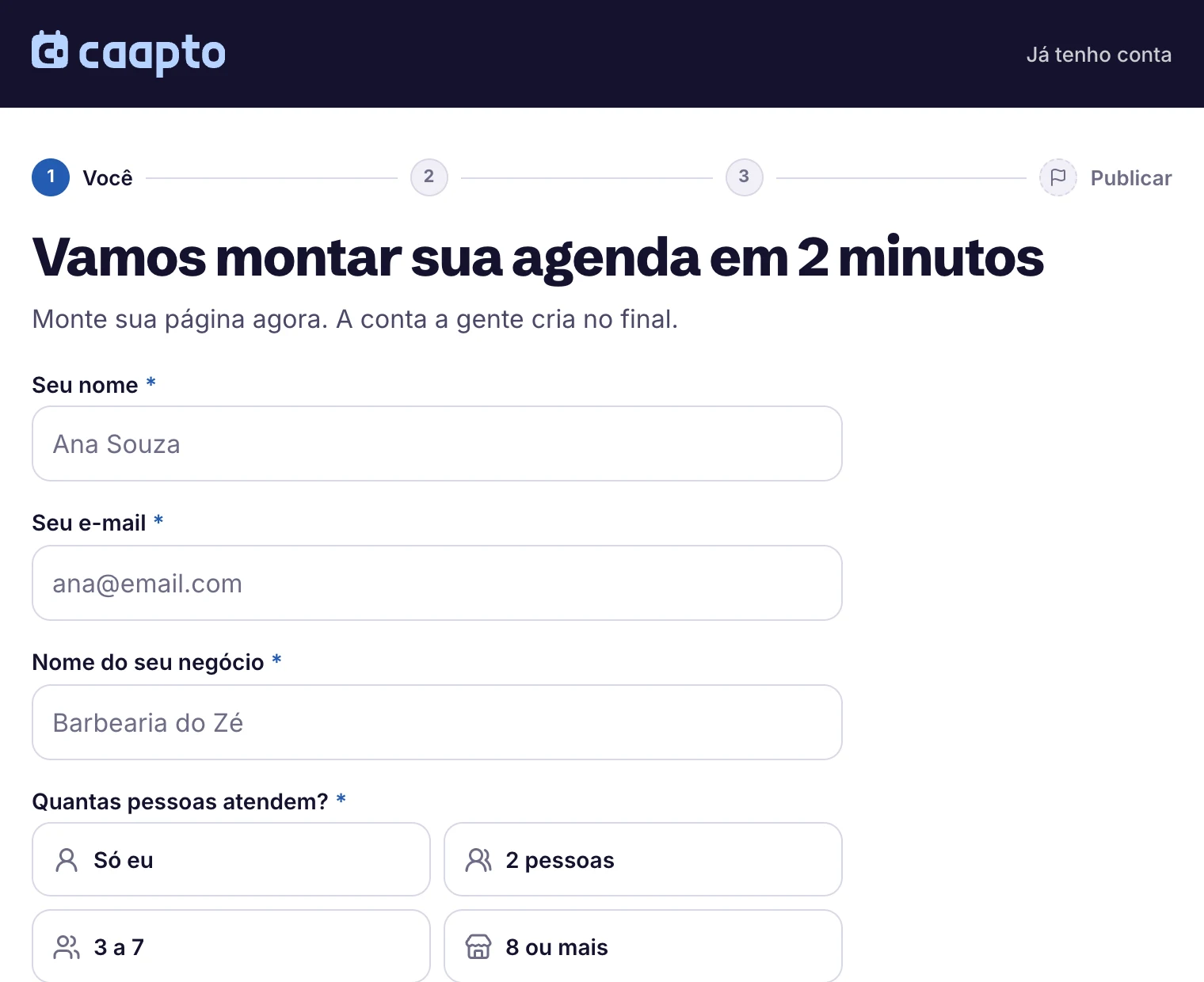 A primeira etapa da criação da conta, com o nome do negócio