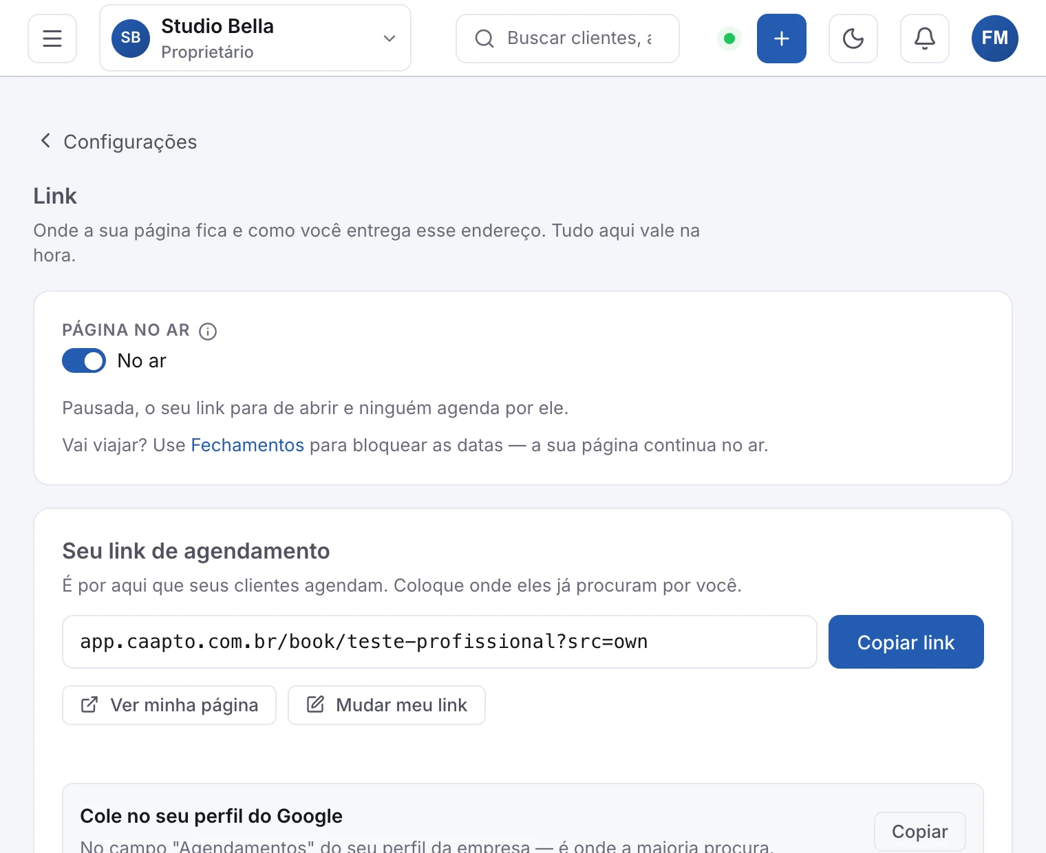 O painel Link, com o endereço da página, os textos prontos e o QR code