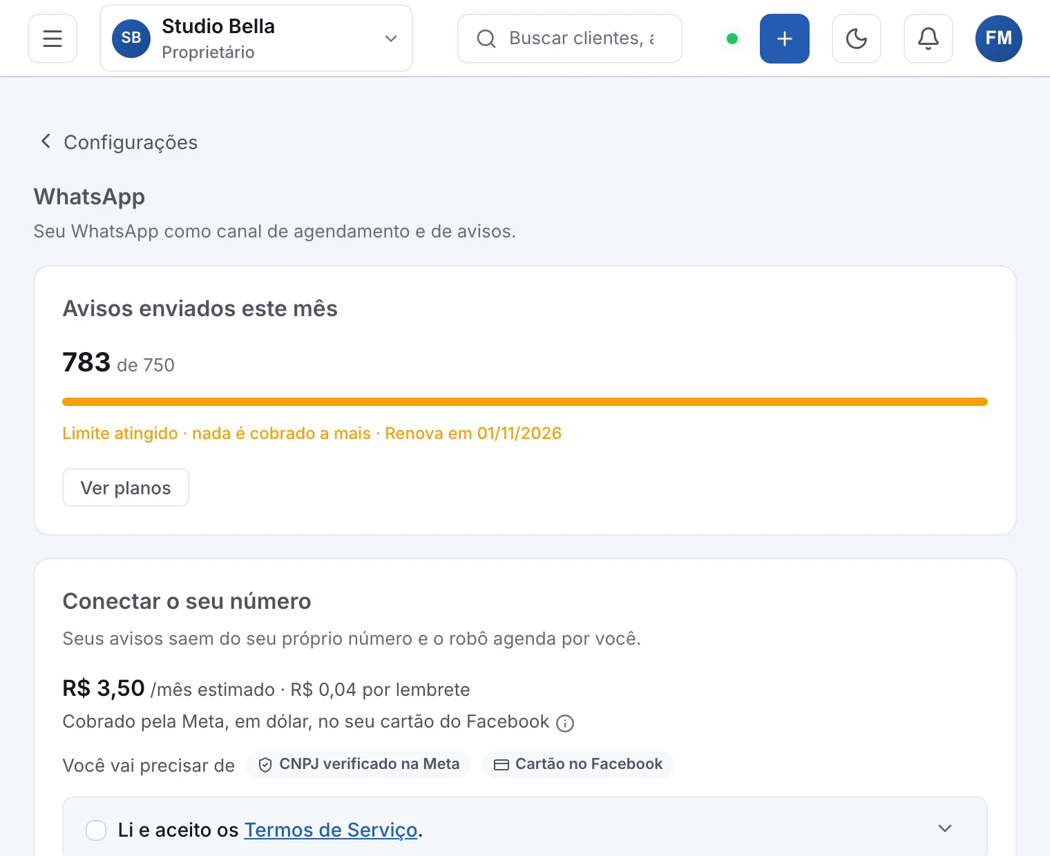 O painel WhatsApp, com o cartão para conectar o seu número